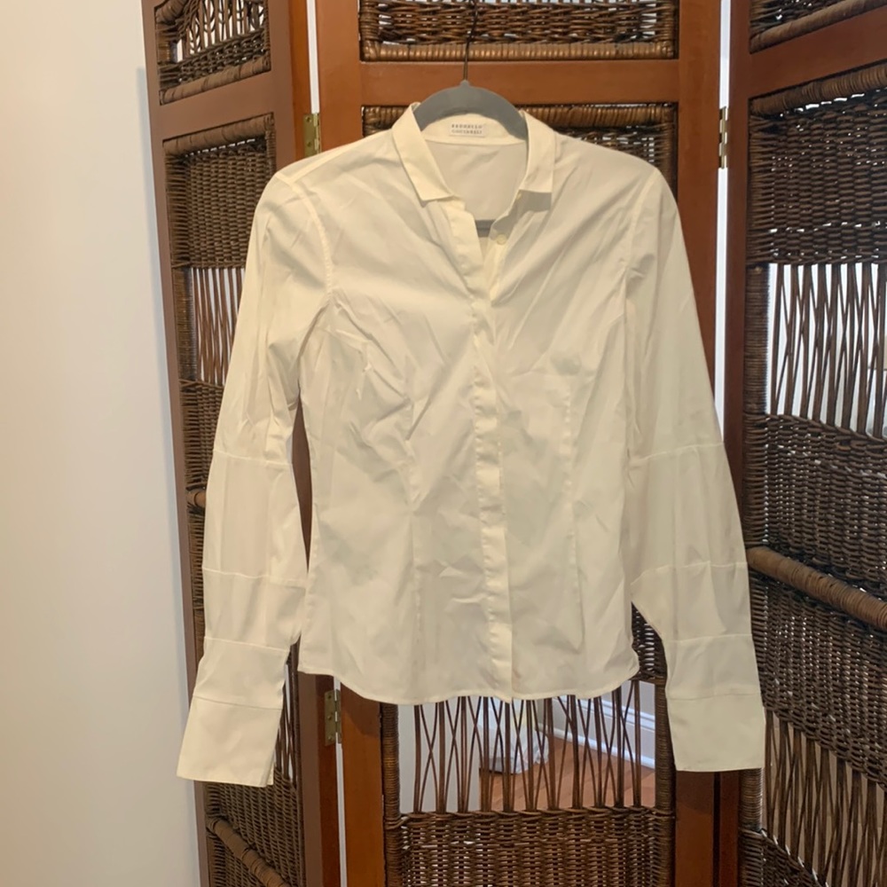 Brunello Cucinelli Women Off-White Cotton Blend Shirt Size Medium